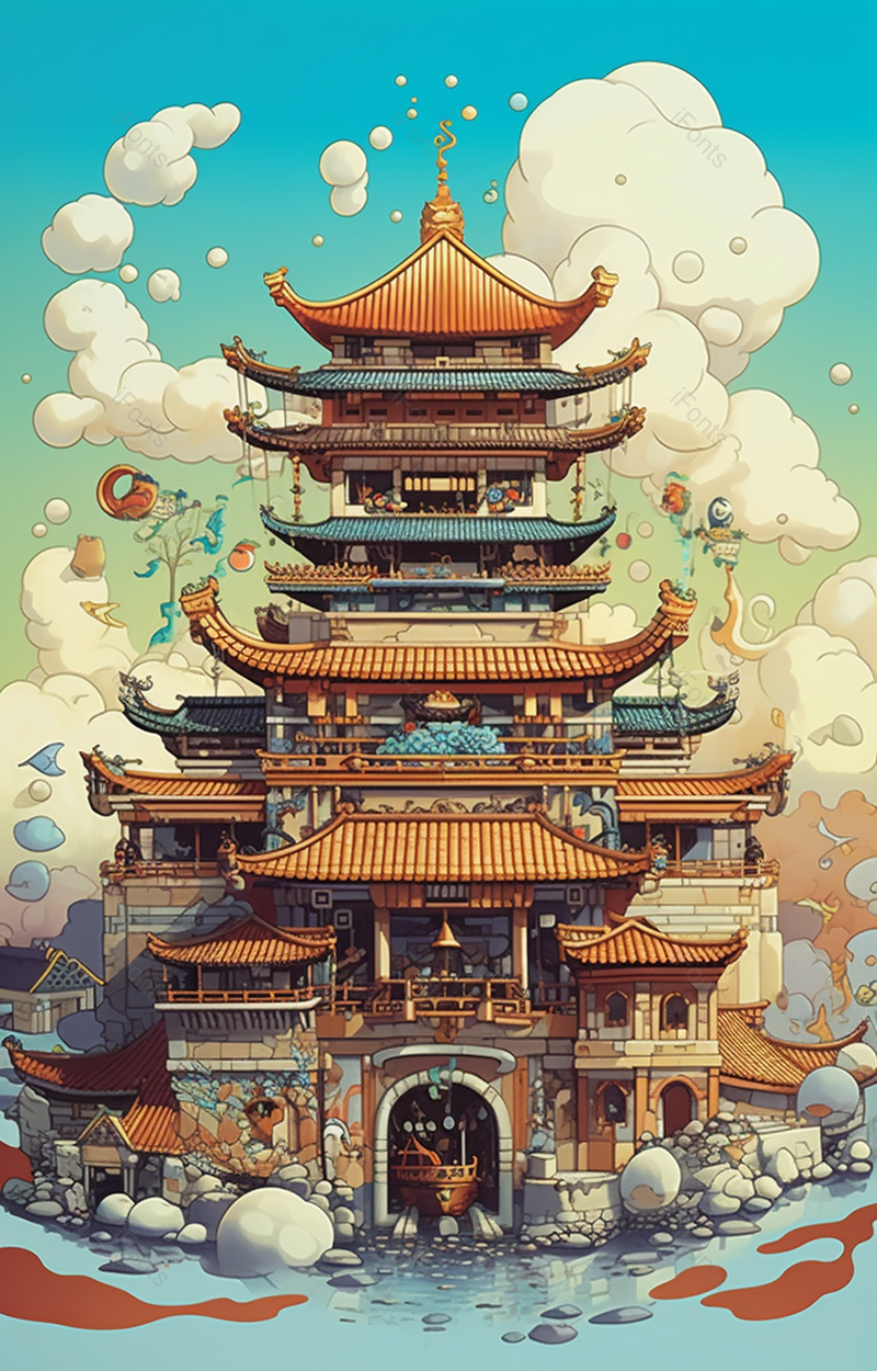 金色气势磅礴的古建筑国潮中国风建筑插画背景,插画/手绘图,插画/手绘图库,插画/手绘图下载,插画/手绘